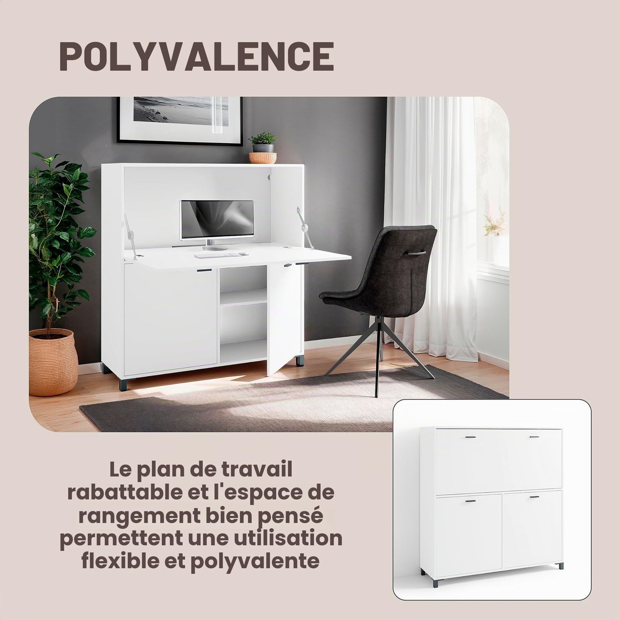 byLIVING Secrétaire Montana/Secrétaire Blanc Mat/Armoire de Bureau avec 1 Rabat et 2 Portes/poignées Noires/L 120, H 127, P 40 cm