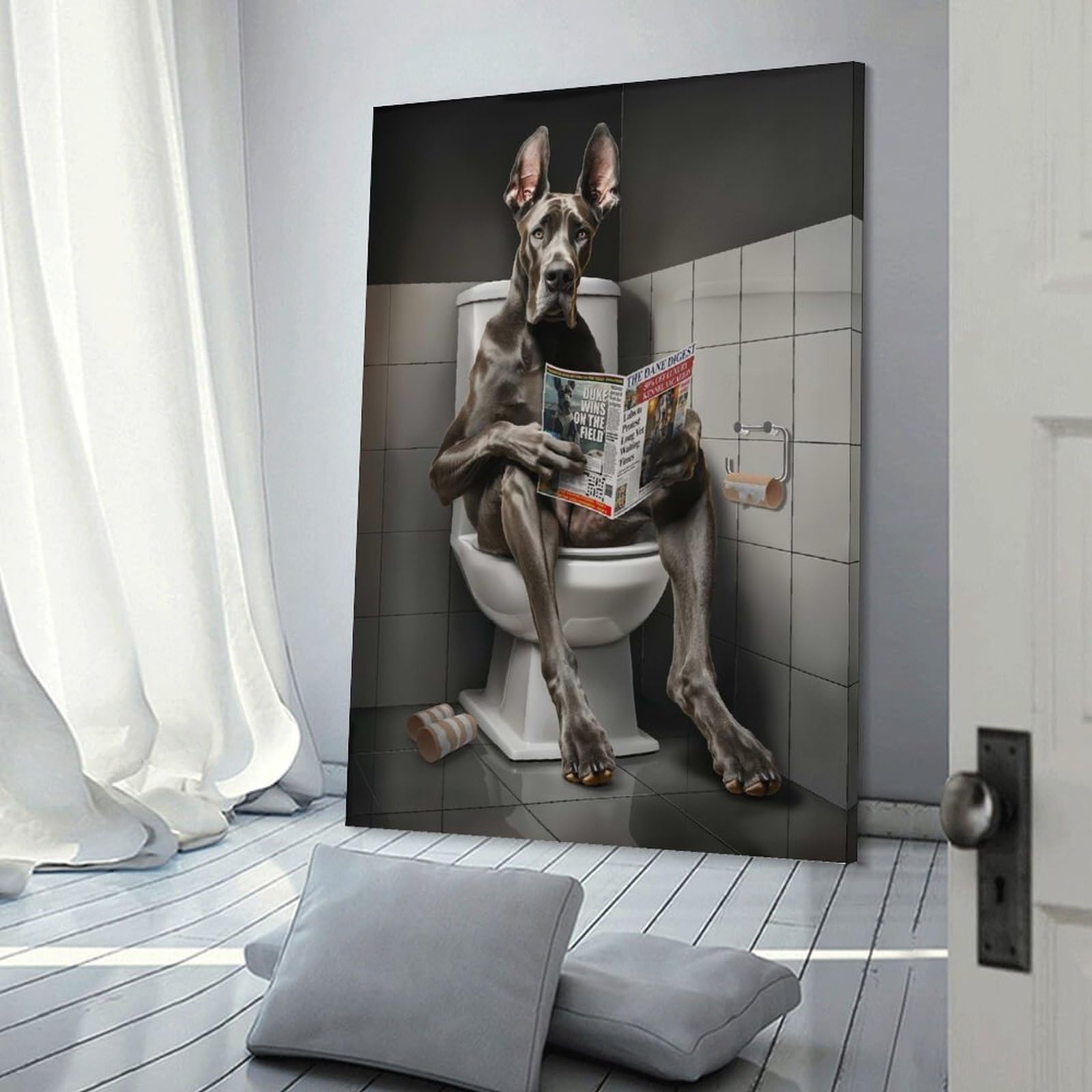 Junmoney Frame-Style-9 Canvas Art Print Great Dane Reading On Toilet, 24X36inch(60X90cm), For Contemporary Homes, Apartments Or Offices, Decorative Canvas Decor For Home Updates