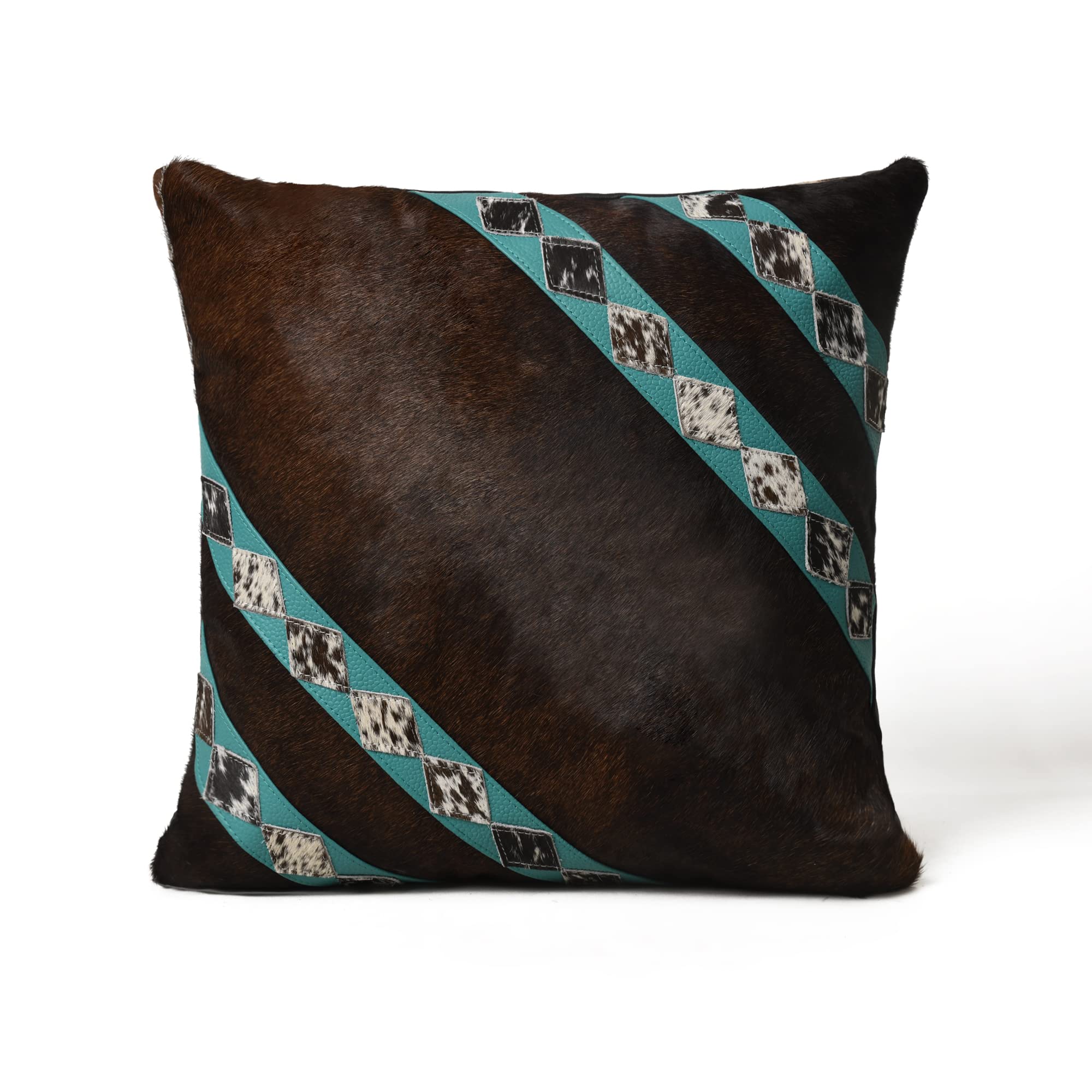 MOUSM Diamond Pattern Cowhide Cushion Cover with Brown Hair-On Leather and Turquoise Straps Set of (2)
