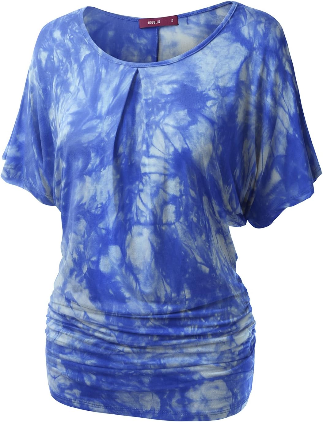 Doublju Womens Short Sleeve Tie-Dye Batwing Dolman Top Wth Ruched Sides Blue Small