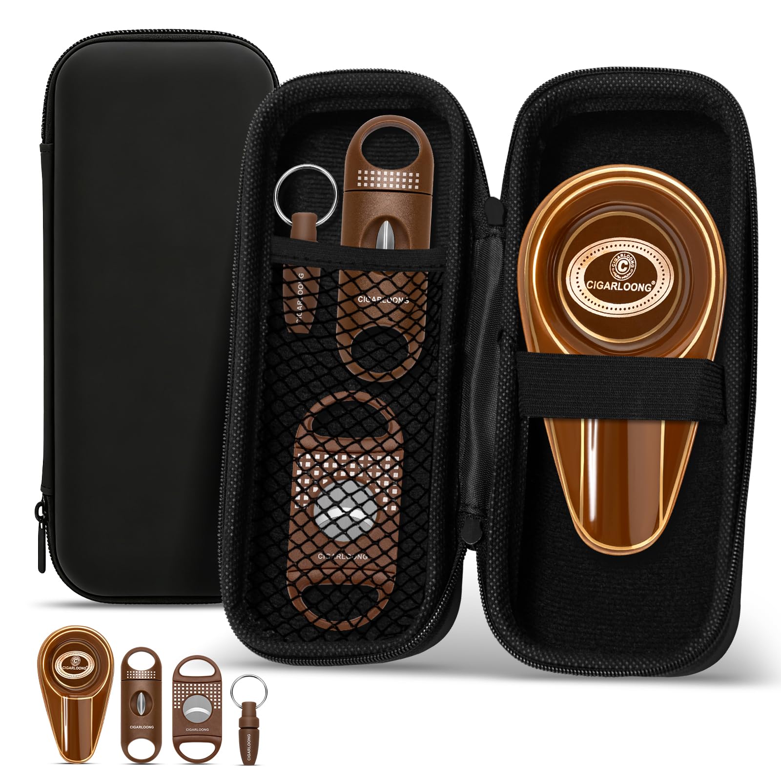 Cave à cigares de voyage - Multifonction - Portable - Avec cutter droit, coupe-V, perforateur et cendrier en céramique - Kit 4 en 1 avec sac pour terrasse, extérieur (marron)