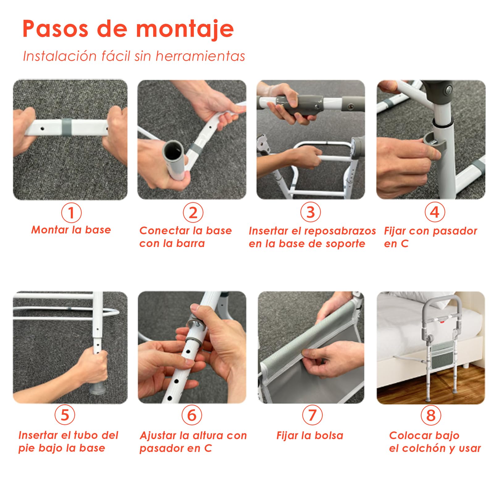 Sponda Letto Anziani Pieghevole, Barriera Letto Anziani con Altezza Regolabile, Supporto per Alzarsi dal Letto, Sbarra di Sicurezza Letto con Sistema a Sgancio Rapido, con Tasca Portaoggetti