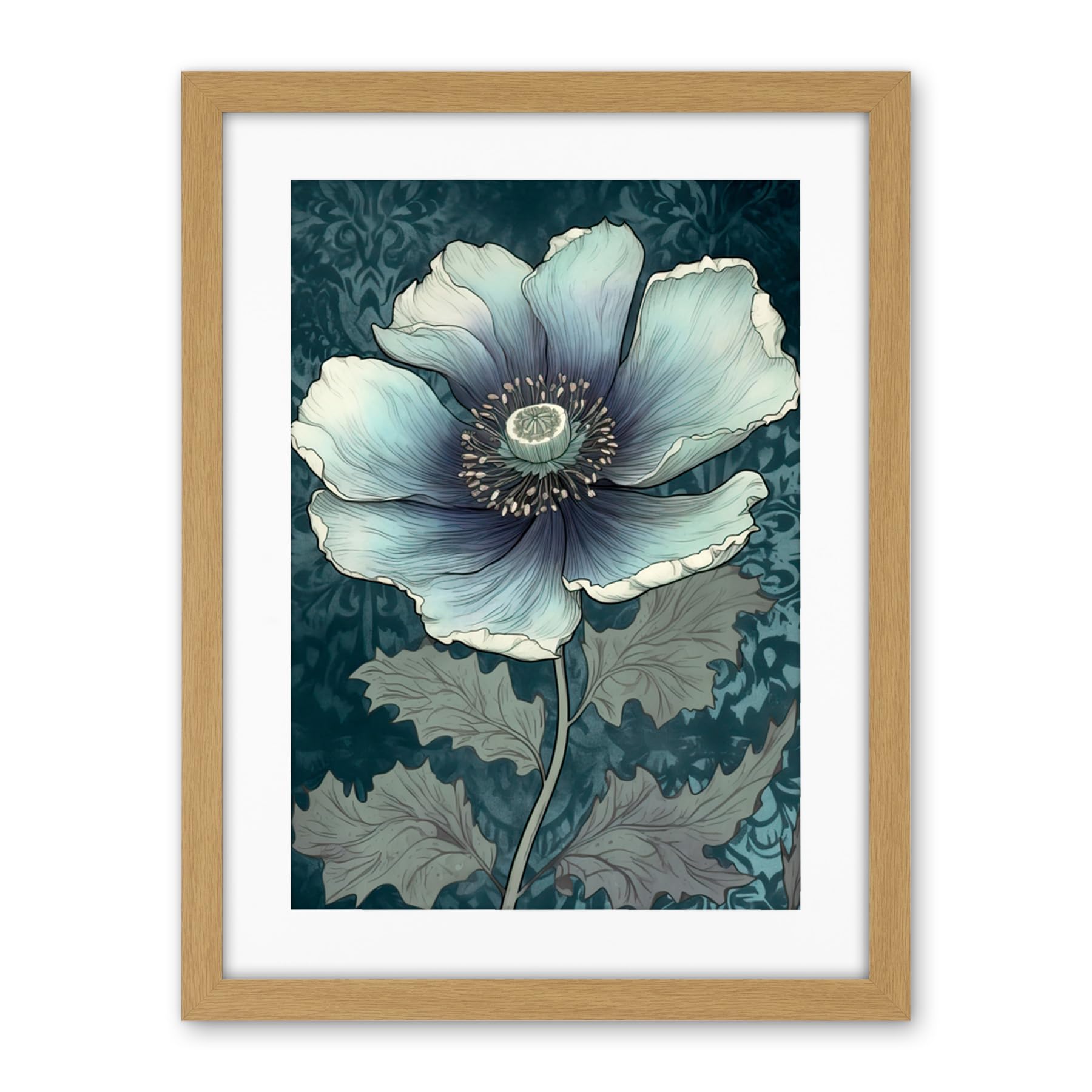 Artery8 Anemone Flower Bloom Teal Blue Watercolour Artwork Framed Wall Art Print 18X24 Inch