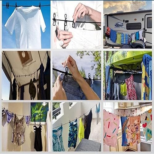 Miniatura 7 de Tendedero portátil retráctil negro, resistente al viento, con 12 pinzas para la ropa para secar en interiores, accesorios de campamento al aire libre