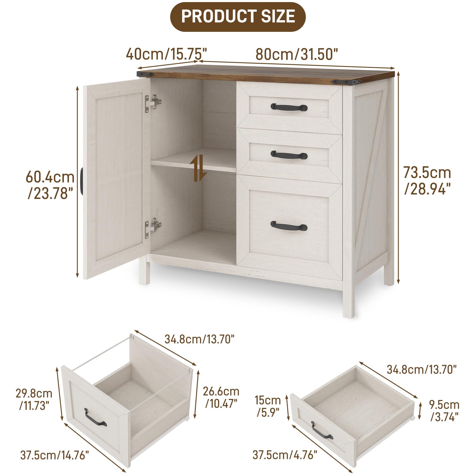 BonVache Aktenschrank mit 3 Schubladen & Tür, Landhausstil Schubladenschrank aus Holz, Weißer Büroschrank für Homeoffice, Schrank mit Druckerablage, geeignet für A4/Letter Hängeregister