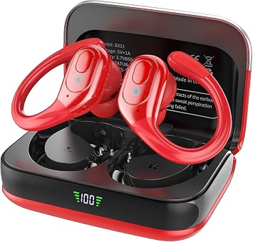 sajawass Wireless Earbuds Headphones Bluetooth 5.4, Noise Canceling Ear Buds with 75hr Playtime, IPX7 Waterproof Earphones Over-Ear Earphones for Sports/Workouts, LED Power Display - Red
