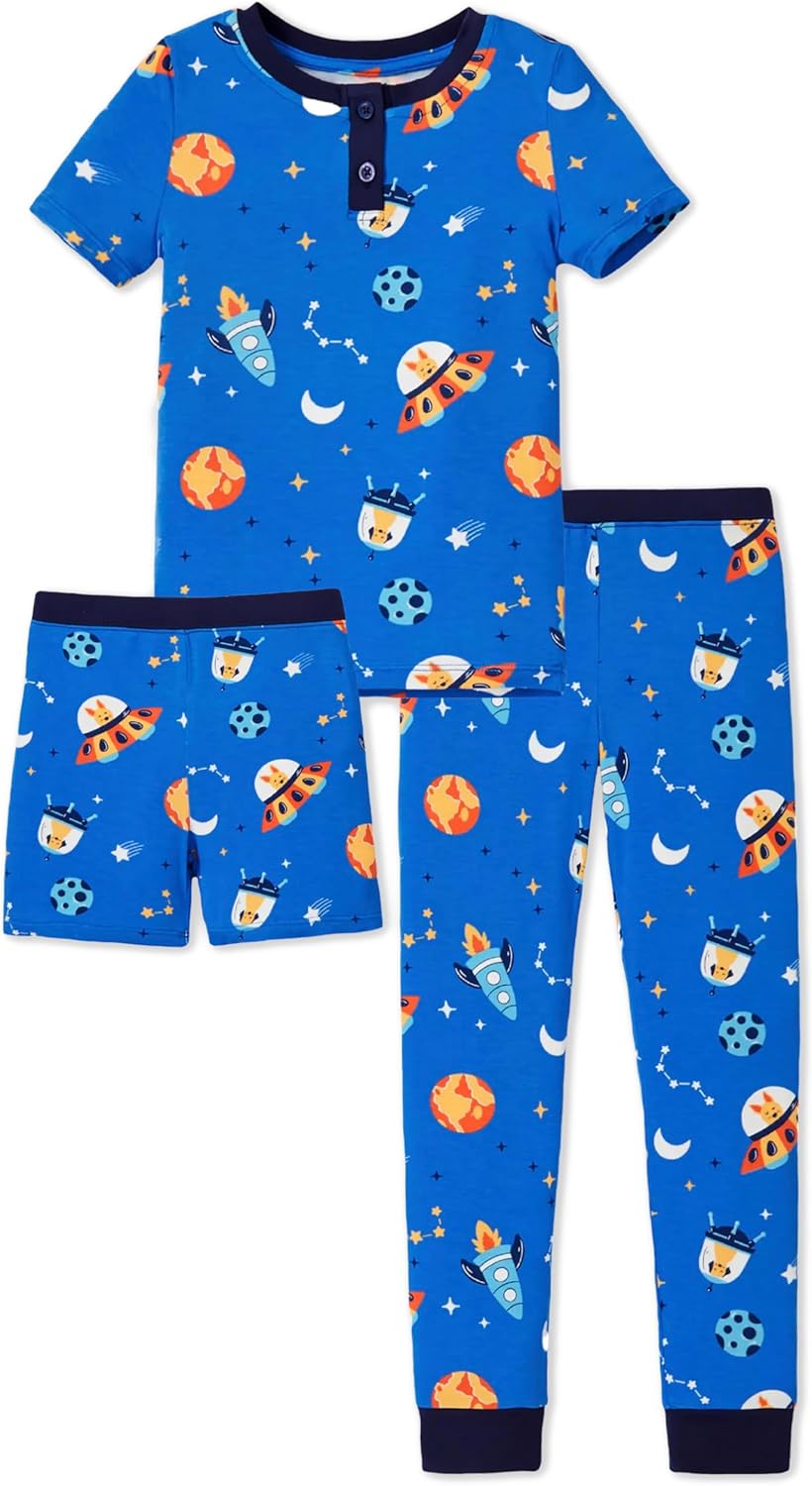 PATPAT Bamboo Viscose Pajamas Sets for Boys Girls Kids Toddler, 3 Pack Shorts & Pants Sleepers, Ultra-soft Snug Fit Pjs 2-12Y