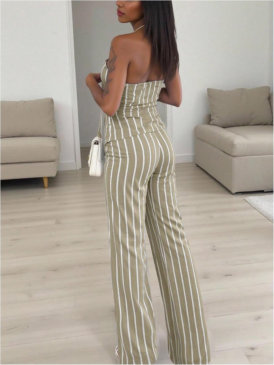 SOLY HUX Women's 2 Piece Outfit Striped Button Down Strapless Tube Top and Wide Leg Pants Set
