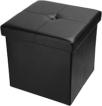 SortWise Folding Storage Ottoman, Leather Pouf Ottomans with Storage Chest Footrest (Black, 15" x 15" x 15")