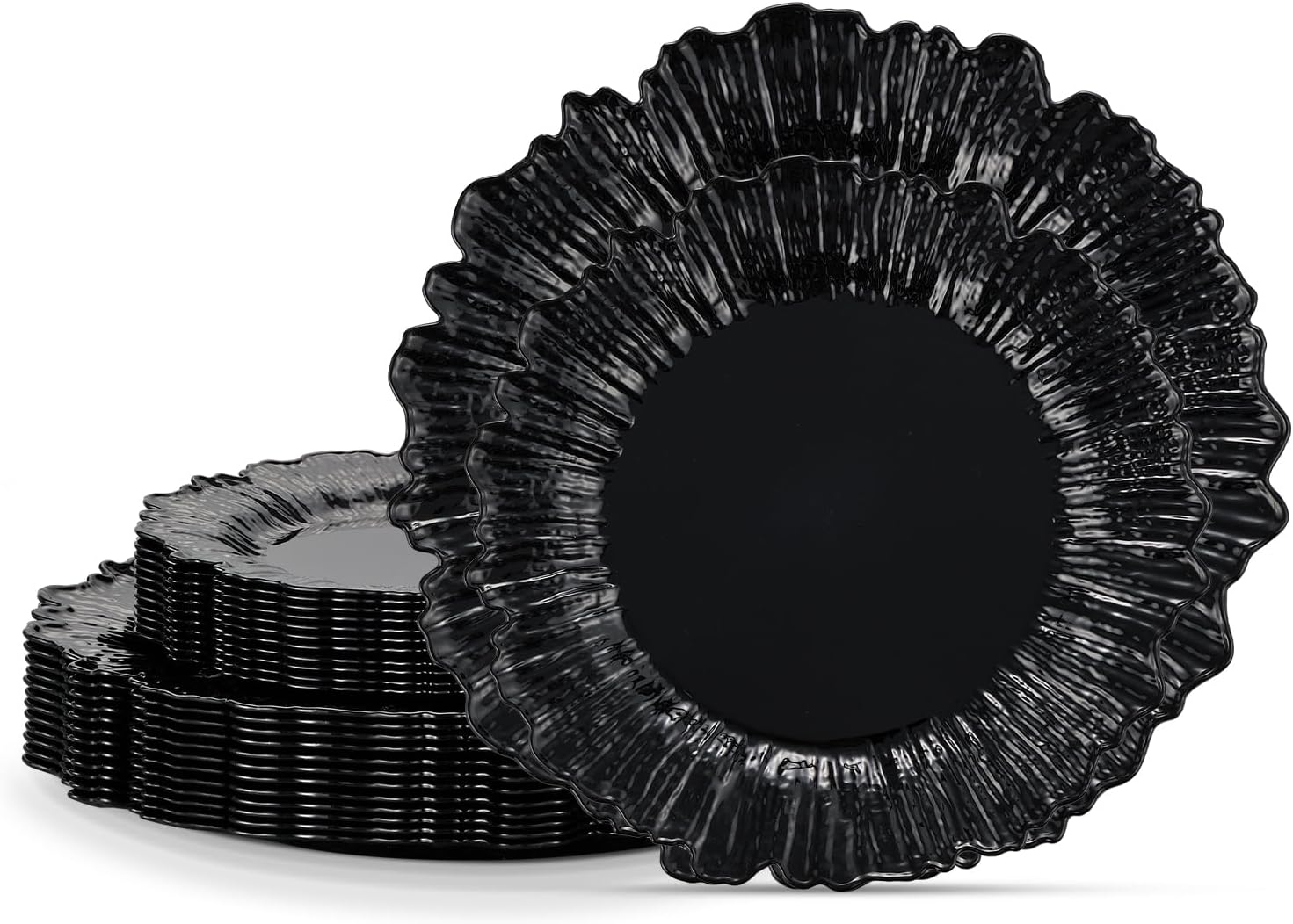 60pcs Black Floral Plastic Plates, Heavy Duty Black Disposable Party Plates include 30 10" Dinner & 30 7.5" Dessert Plates for Party & Christmas