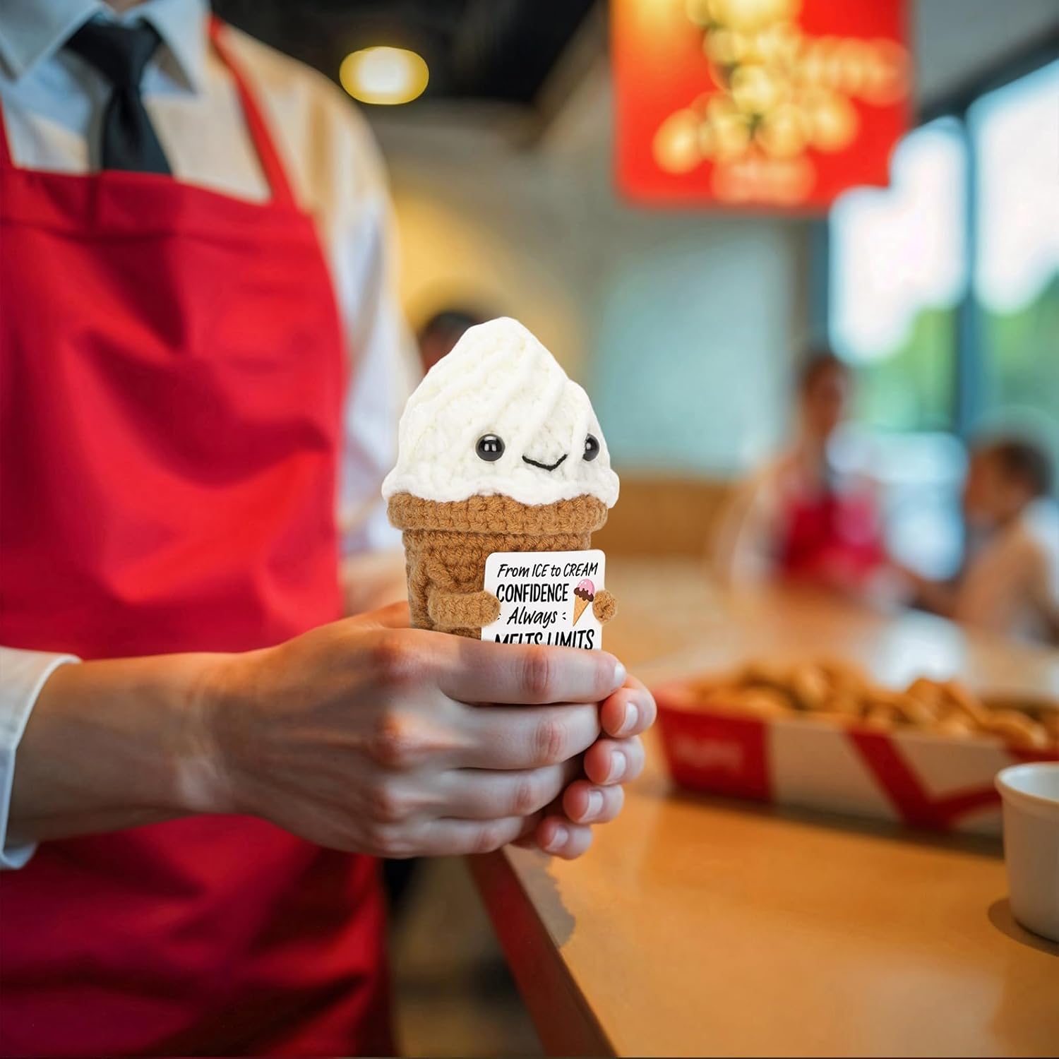 Funny Positive Coffee, Emotional Crochet Doll, Cute Crochet Potato Partner Toy with Positive Card Cheer Up Funny Gag Gifts for Best Friend Birthday Women Teacher Fall（Icecream - Image 4