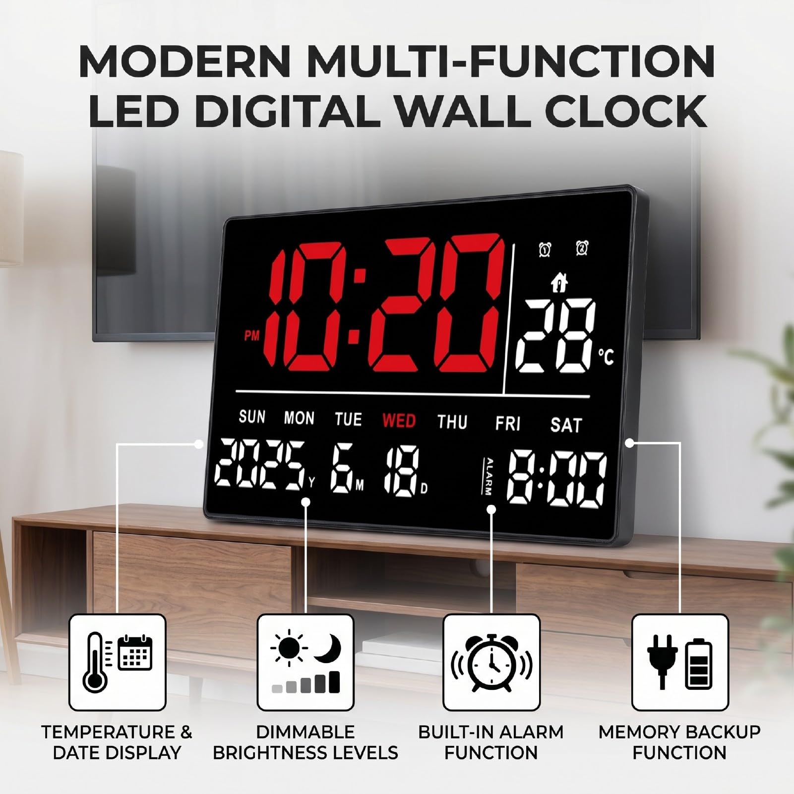 AMONIDA Orologio da Parete Digitale a LED Ampio Display HD con Data e Temperatura