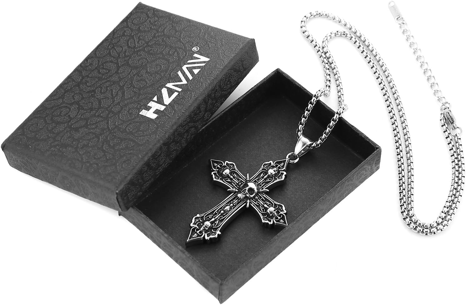 HZMAN Vintage Cross Necklace Stainless Steel Gothic Skull Cross Pendant 22+2In Box Chain - Image 6