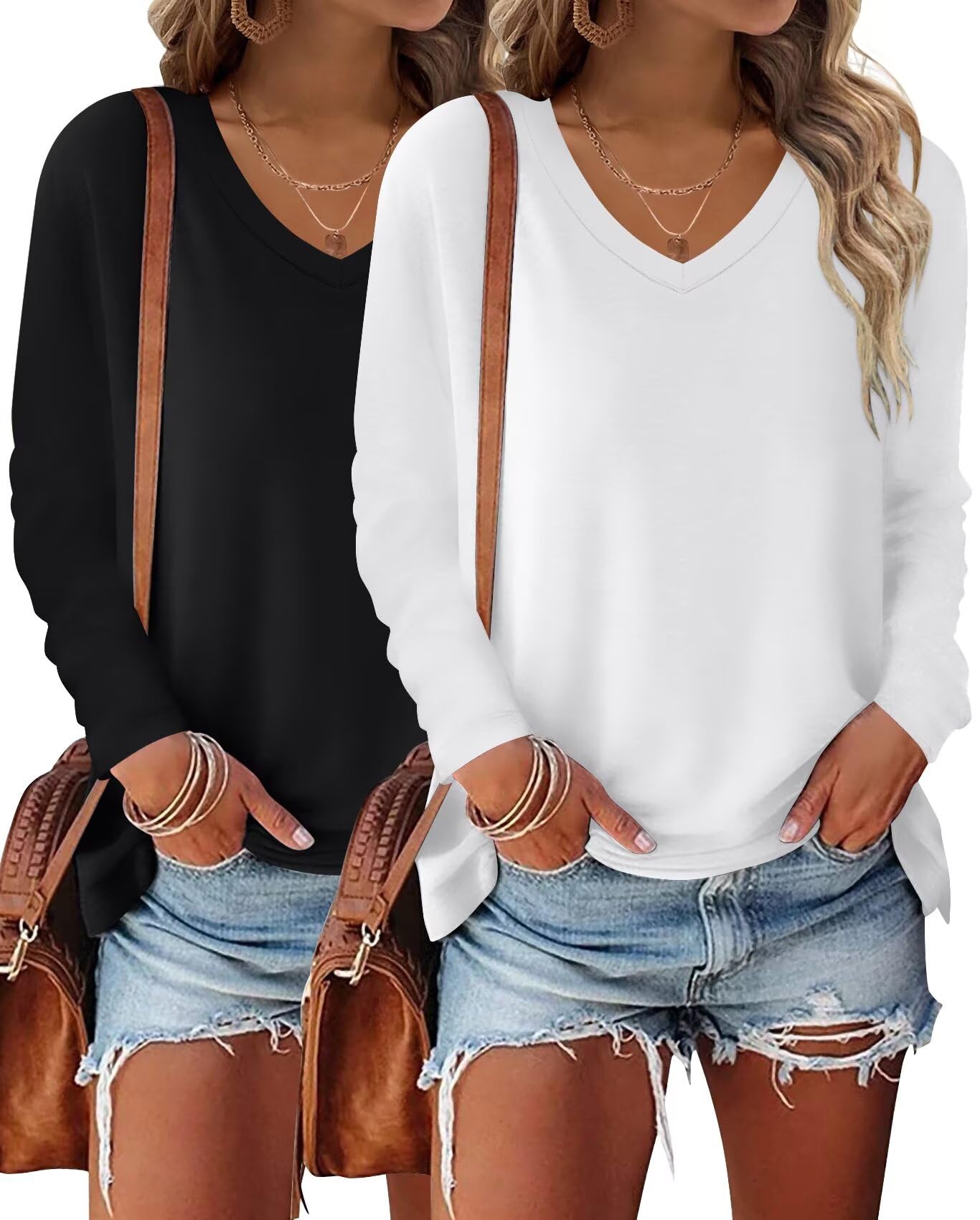 Bliwov Lot de 2 hauts à manches longues et col en V pour femme - Tenue d'automne et d'hiver - T-shirts tendance 2025