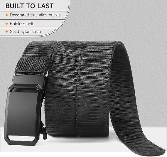 GAEKEAO Ratchet Belt for Men - No-Holes Adjustable Nylon Belt with Slide Buckle for Golf, Casual, Work & Travel with Gift Box
