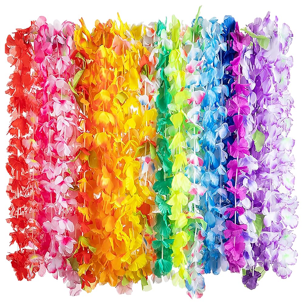 JIHUOO 12 Pcs Artificial Hawaii Flower Garland Hawaiian Flower Necklaces Hawaii Leis Luau Necklaces Tropical Theme Costume Accessories Hula Dance Party Decorations for Summer Beach Pool
