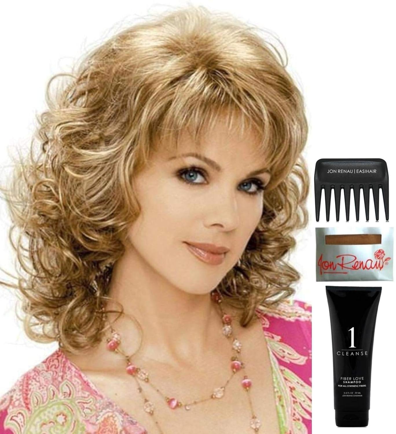 Bundle - 5 Items: Jessica Wig by Estetica, Christy's Wigs Q & A Booklet, 2oz Travel Size Wig Shampoo, Wig Cap & Wide Tooth Comb - Color: R16/22