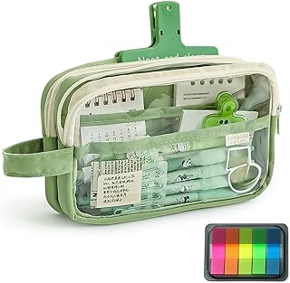 ペンポーチ 透明 大容量 痛ペンケース ふでばこ 笔袋 かわいい 筆箱 おしゃれ スリム 多機能 学生 女子 男の子 文房具収納ポーチ 持ち運び ツールポーチ 付箋つき ‐ グリーン