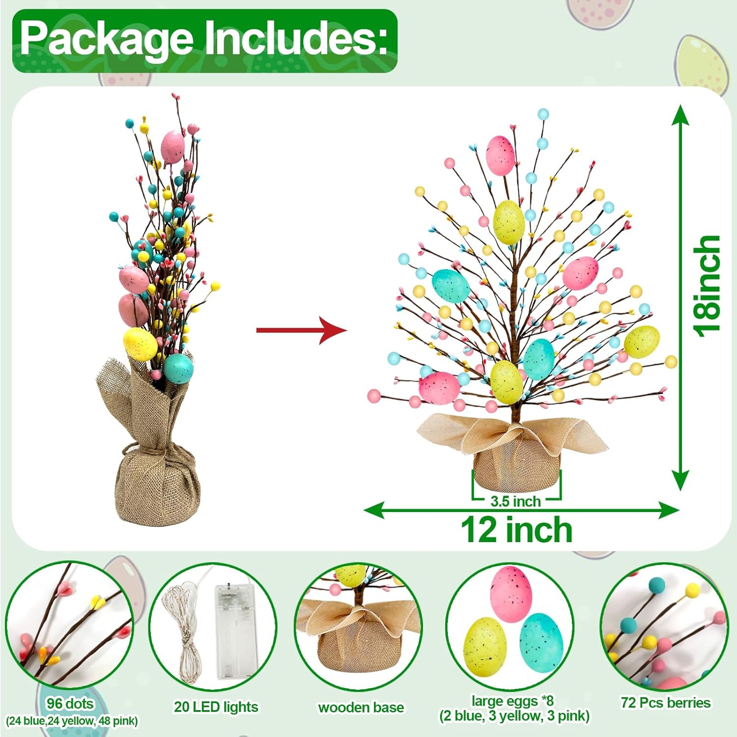 2 Pack & Timer - Easter Decorations, Easter Tree Tabletop with 20 Warm White Lights Battery Operated 19 Inch 8 Large Colorful Eggs 72 Colorful Berries Artificial Tree Easter Decor Spring Home Party