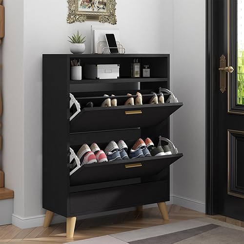 Miniatura 4 de Armarios de almacenamiento de zapatos, 16 pares de organizadores de zapatos independientes con 2 cajones abatibles para entrada, estante estrecho de