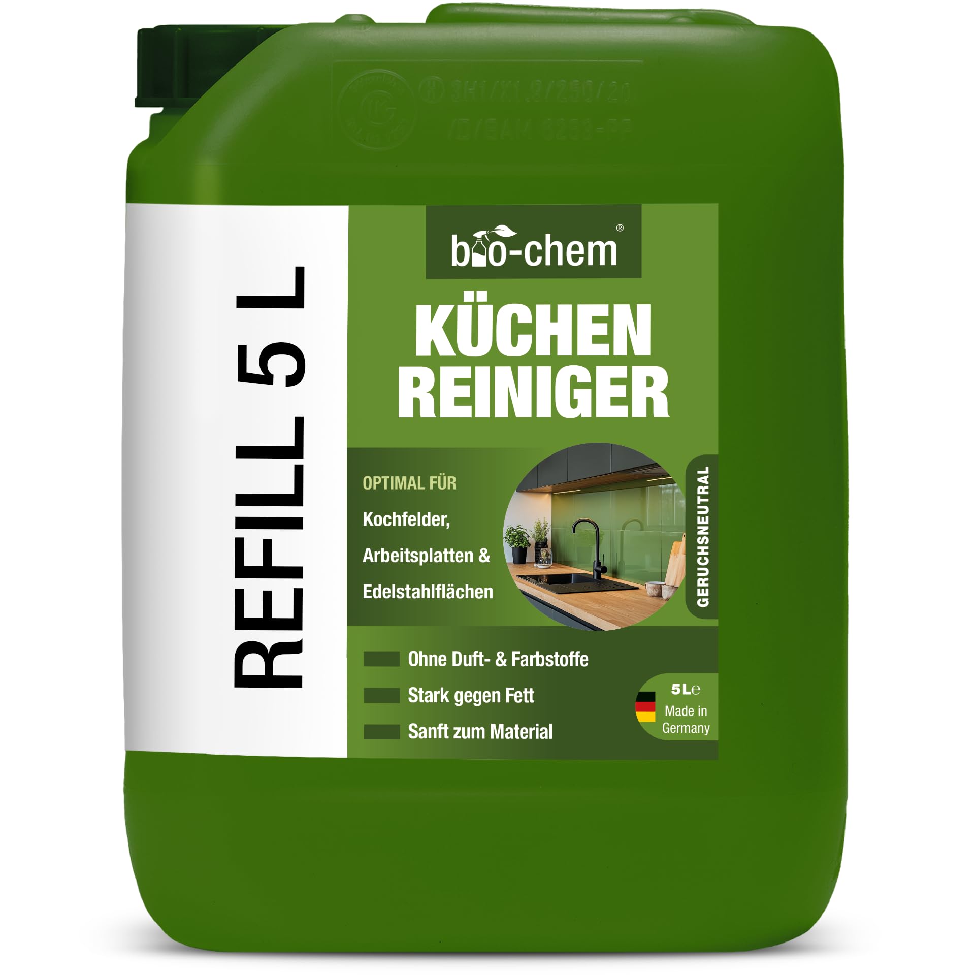 bio-chem Küchenreiniger Fettlöser 5L Kanister | Kraftreiniger für Ceranfeld, Induktionskochfeld, Küchenarmatur, Küchenfront und Arbeitsplatte