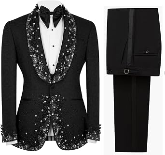 Mens 2 Piece Suit Slim Fit Dinner Tuxedo Jacket Blazer Pants with Handmade Shiny Rhinestone for Prom,Party,Wedding