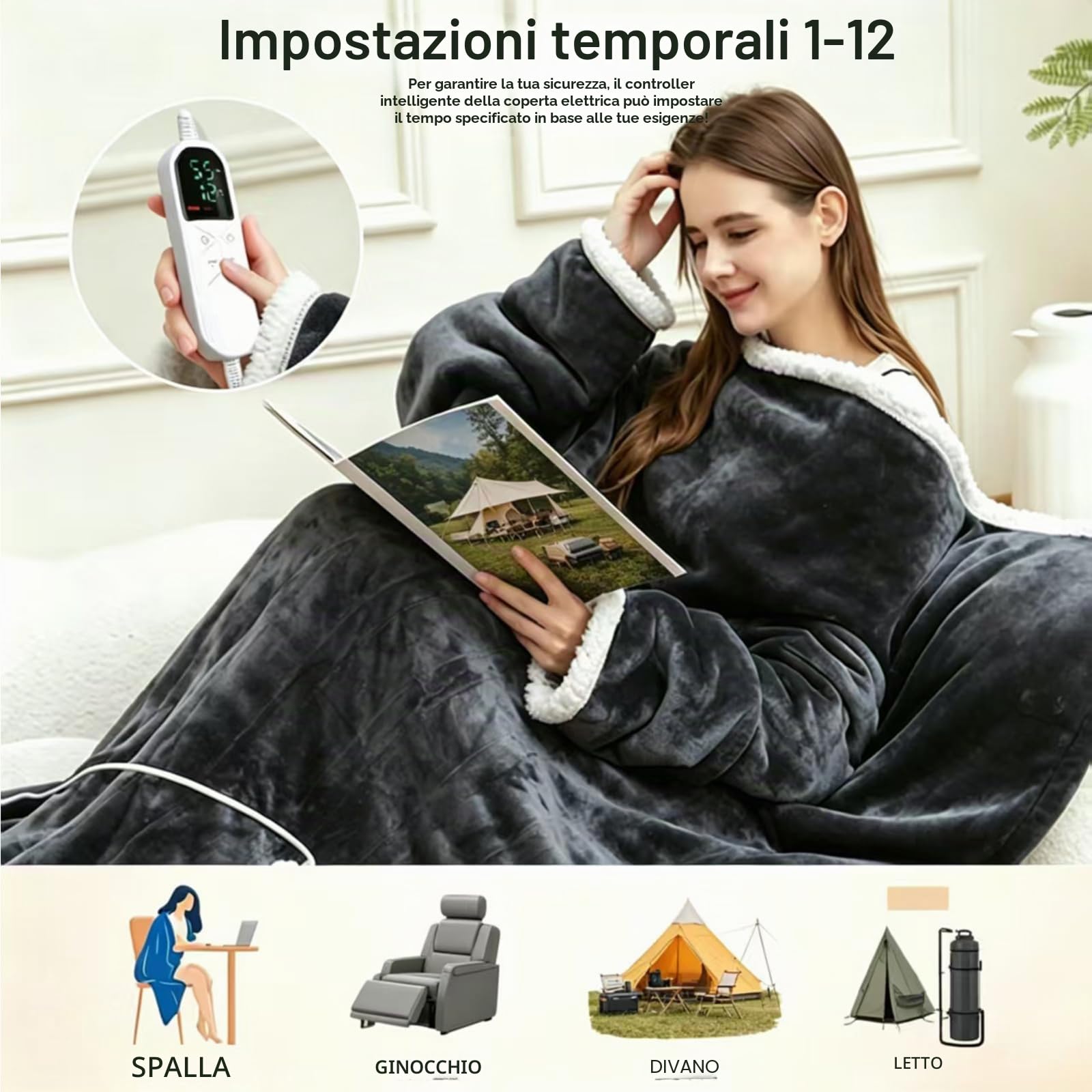 Coperta riscaldante con maniche, 130 × 180 cm, 10 livelli di calore, fino a 12 ore di spegnimento automatico, in flanella lavabile, adatta per casa e ufficio, coperta elettrica per letto e