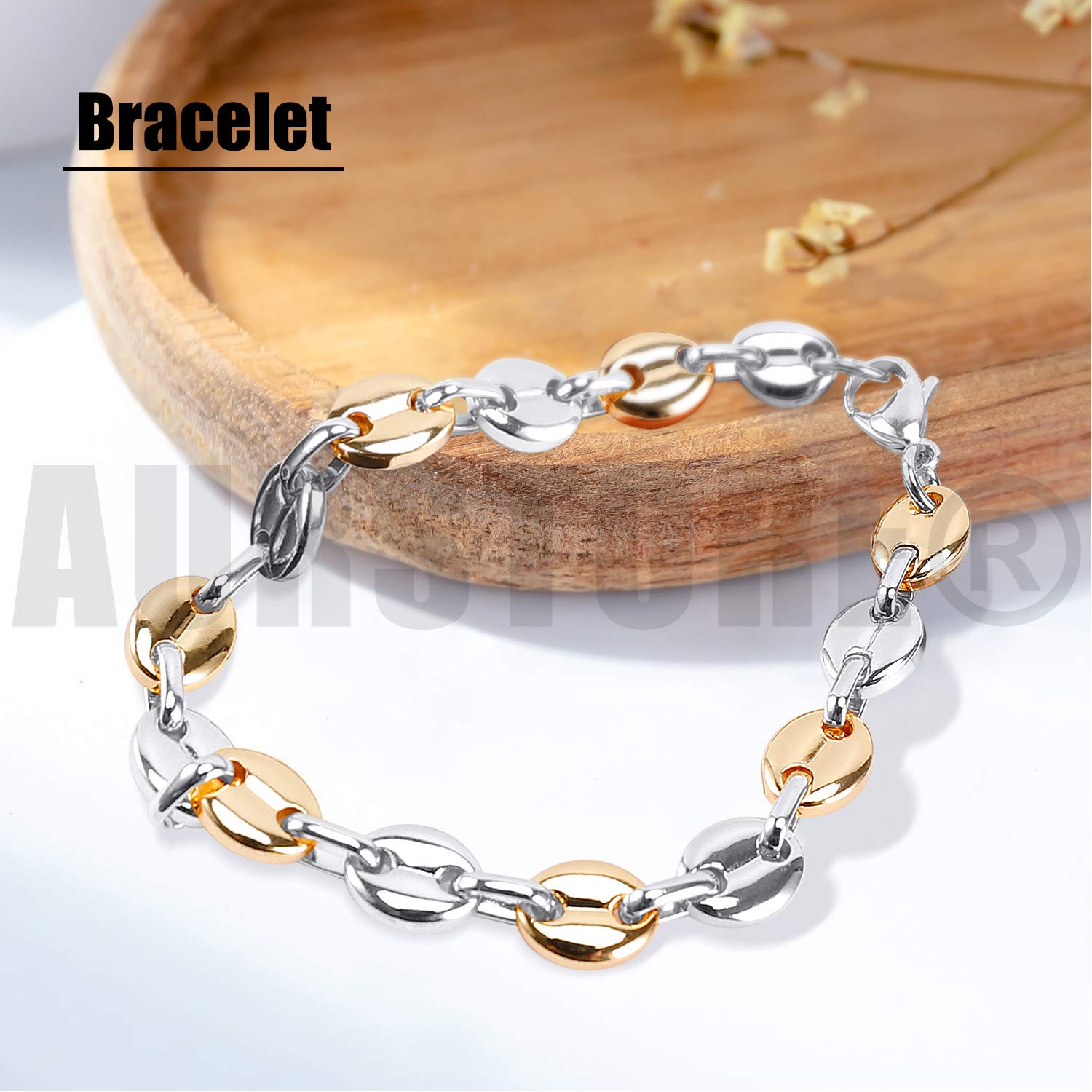 AURSTORE Parure Bracelet ET Chaine Homme Acier INOX Massif Grain DEà café Taille Couleurs AU Choix (9mm, Argenté-Or)