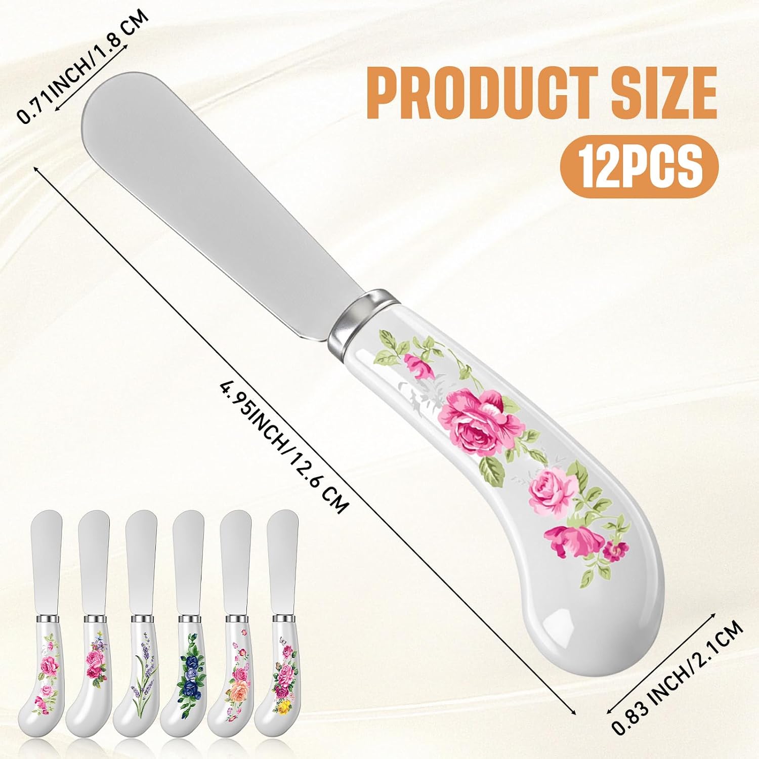 12 Pack Floral Cheese Spreaders 4.95" Stainless Steel Butter Knife with Ceramic Handle for Jam, Pastry, Butter Knife - Holiday Silverware & Festive Kitchen Cutlery (Flowers)