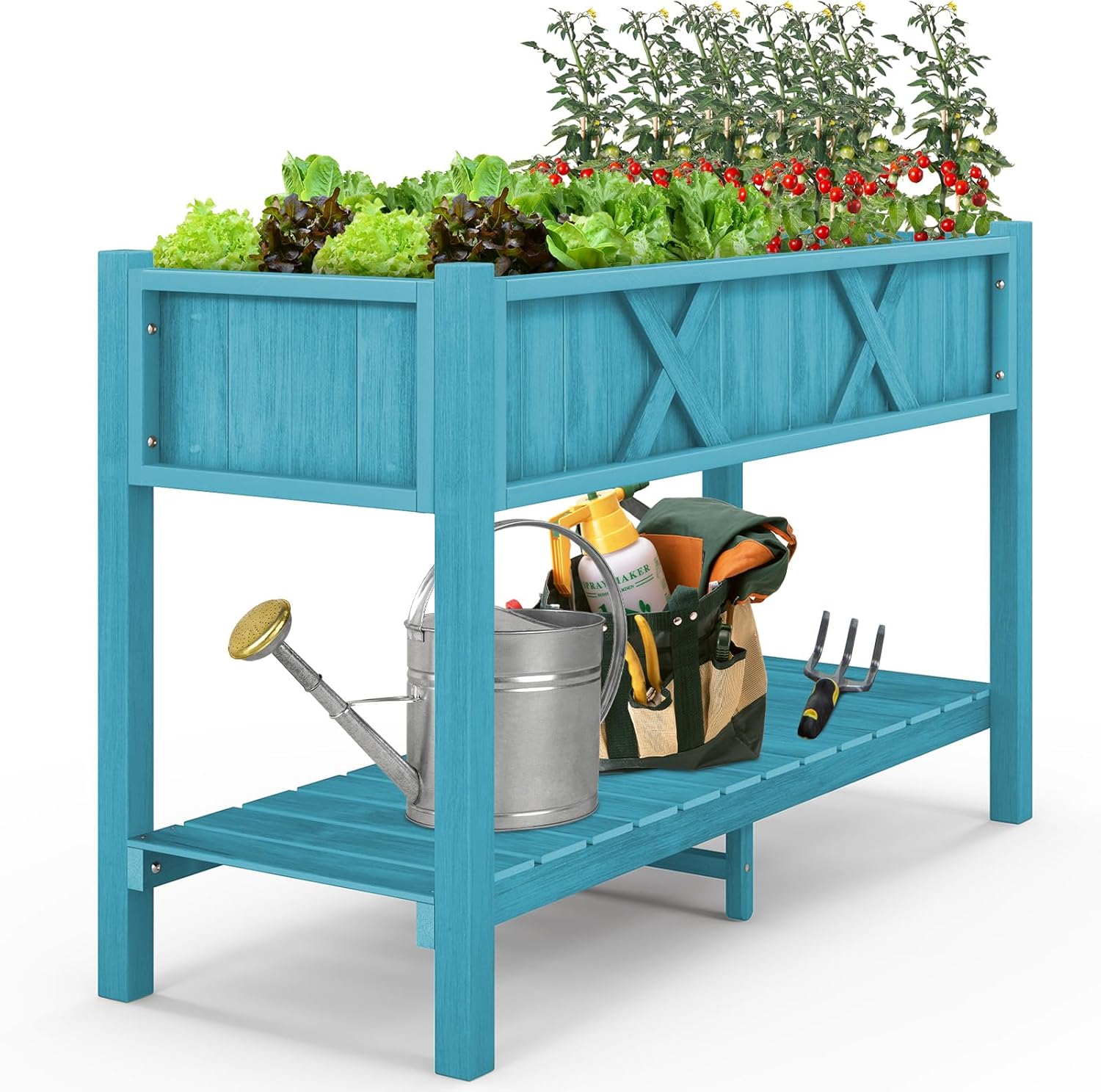 DREAMADE Raised Garden Bed with Legs, 47 x 18 x 29 Inch Elevated Planter Box w/HIPS Frame, Drainage Holes & Storage Shelf, Standing Raised Planter for Flowers Herbs, Outdoor Balcony Backyard (Blue)