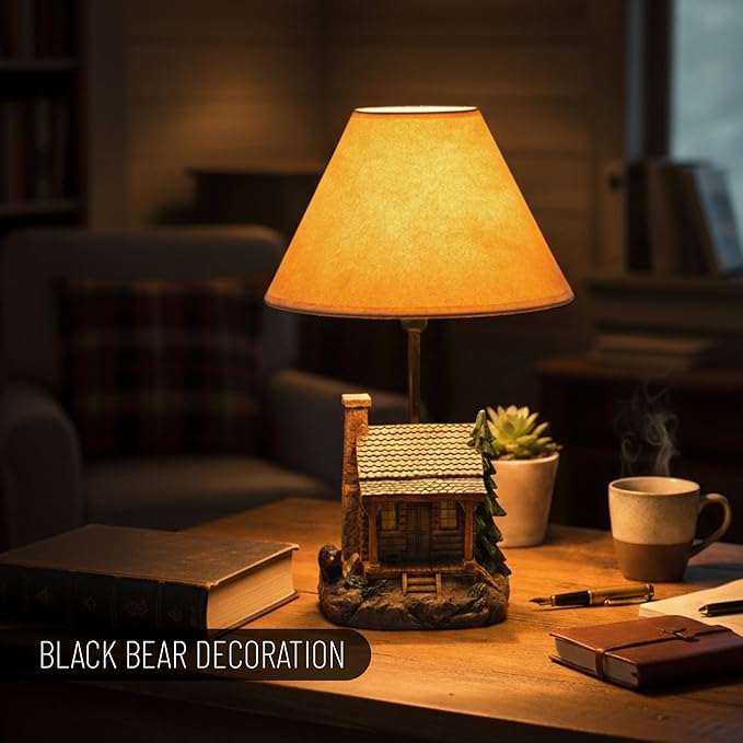 Pine Ridge Pine Ridge Black Bear Cabin Bedroom Tabletop Lamp, Tall Farmhouse with Nightlights, Fabric Bedside Nightstand Home Decor, 12” photo 2