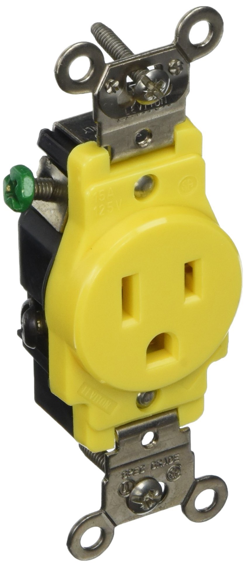 Leviton 5261-CR 15 Amp, 125 Volt, Narrow Body Single Receptacle, Straight Blade, Industrial Grade, Grounding, Corrosion Resistant, Yellow
