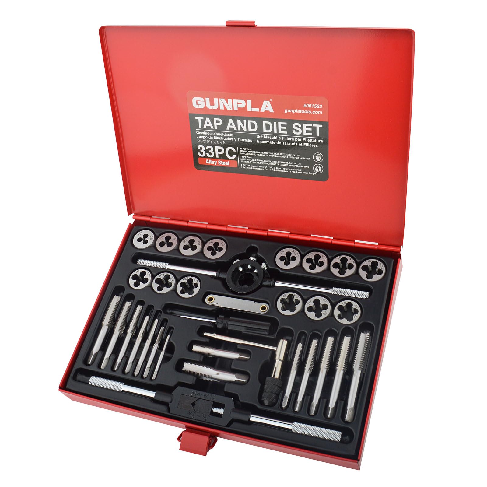 Gunpla 33 Pezzi Set Maschi e Filiera per Filettatura Metrica / SAE, Kit Filettare in Acciaio Legato al Tungsteno con Custodia in Metallo