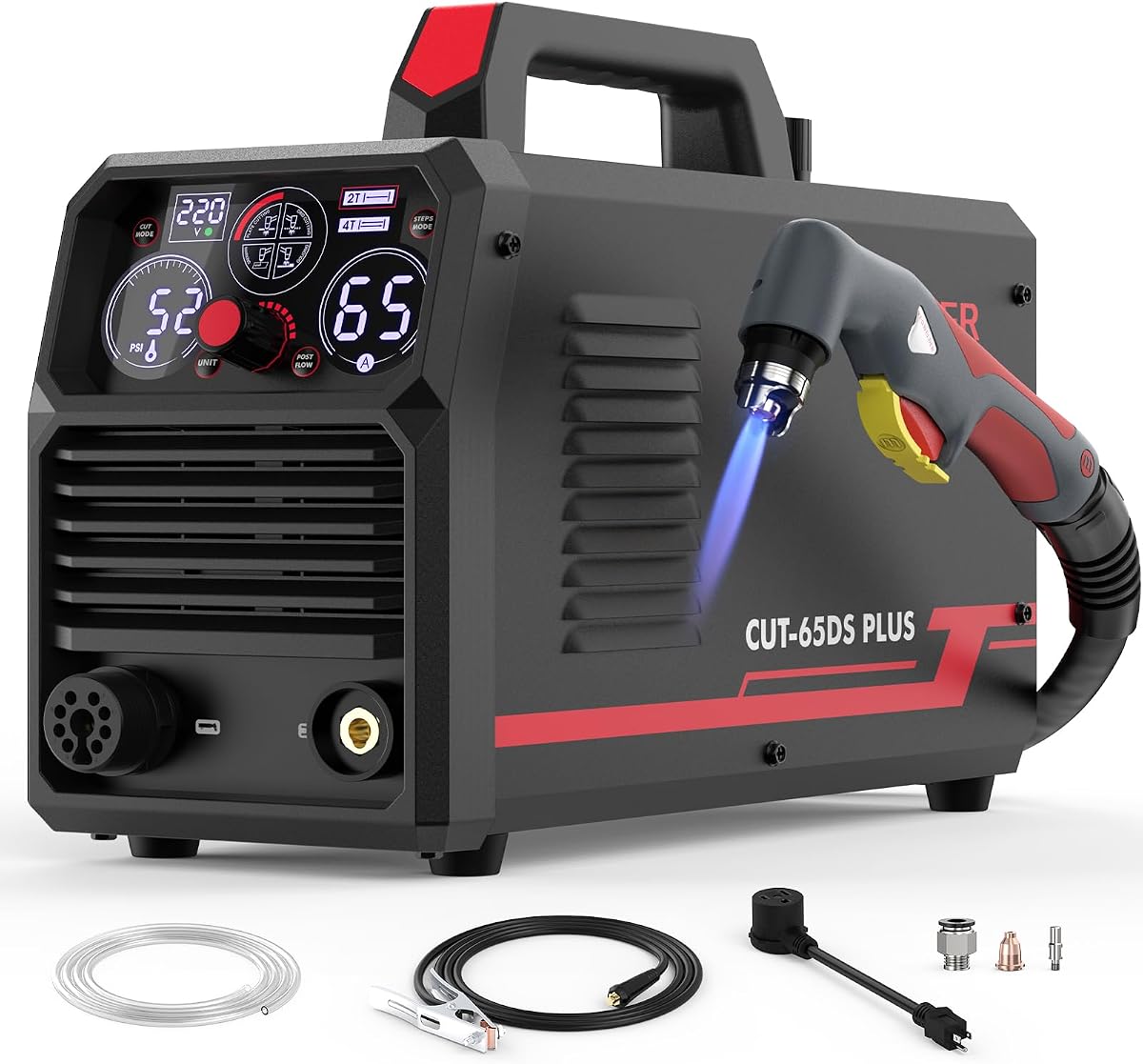 CUT-65DS PLUS Plasma Cutter, 4-in-1 Non-HF Pilot Arc, 110/220V | Plate Cutting, Grid Cutting, Gouging, and Marking Versatility, ETL Certified, IP21 Rating, Overload and Overheat Protection