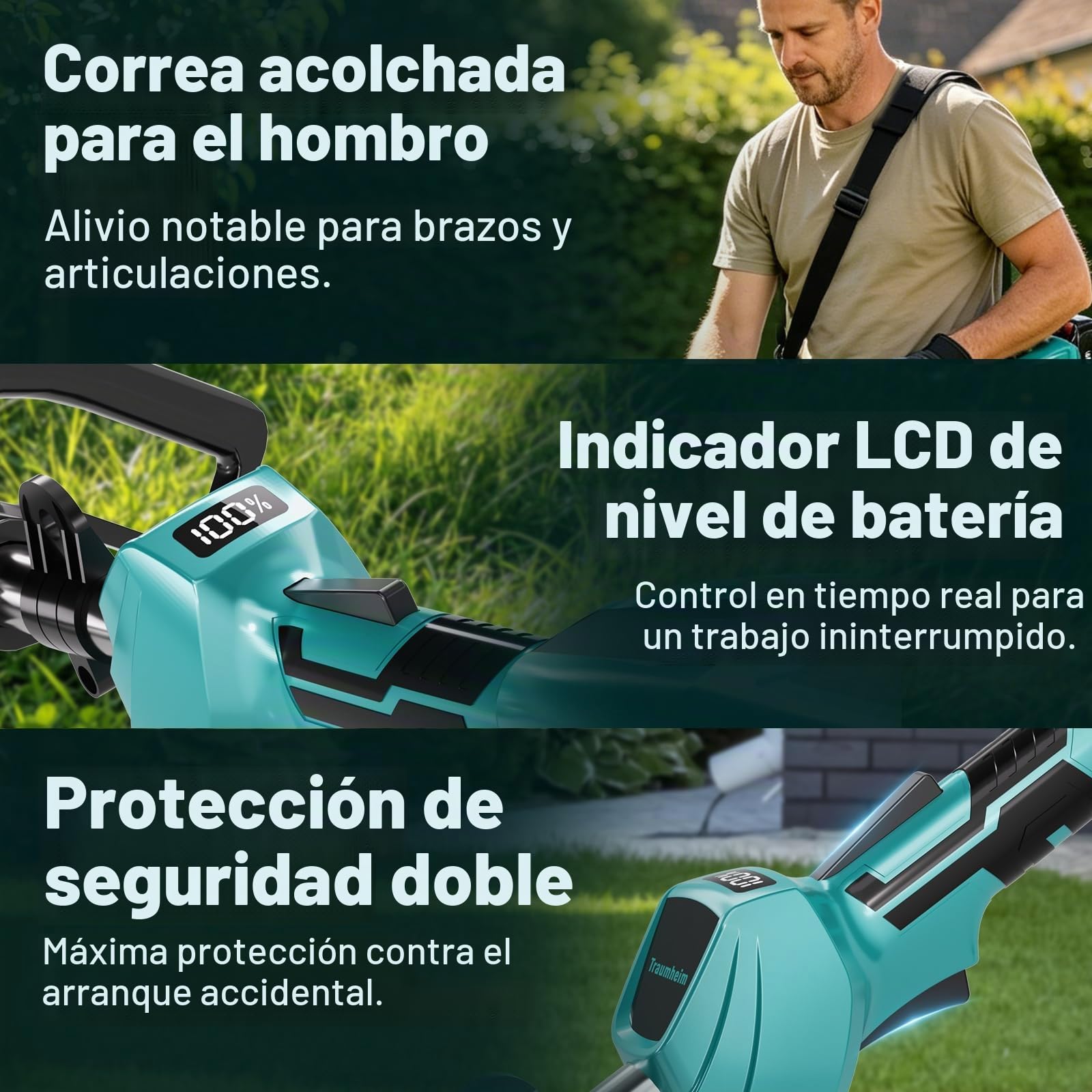 Desbrozadora con batería con 2 baterías de 4,0 Ah, batería eléctrica 4 en 1, desbrozadora y cortacésped, Motor sin escobillas de 950W de batería para Cortar césped y jardín