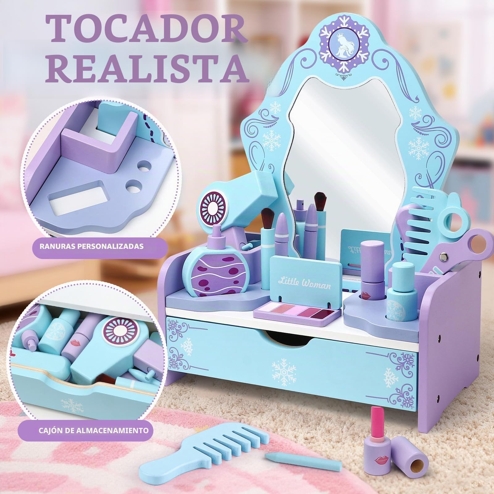 Atoylink Frozen Tocador Infantil Niña de Madera, 12 Piezas Estuche Maquillaje Niña con Set Maquillaje Niñas & Set Peluqueria Juguete, Frozen Juguete Madera Cumpleaños Regalo para Niñas 3 4 5 6 7 Años