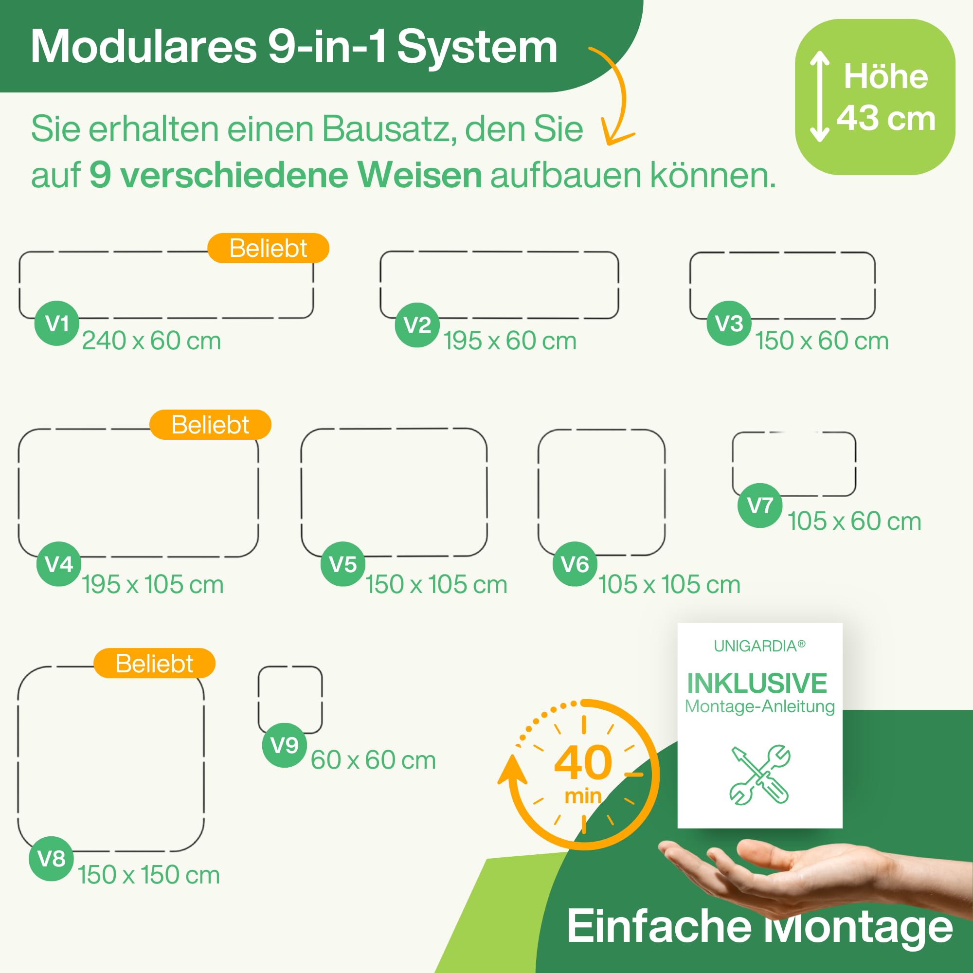 UNIGARDIA Bancal de Metal de 240 x 60 x 43 cm – Kit Modular 9 en 1 de bancal Elevado – Jardinera elevada para jardín de Acero Zn-Al-MG Vida útil mínima de 20 años – 43 cm de Alto,
