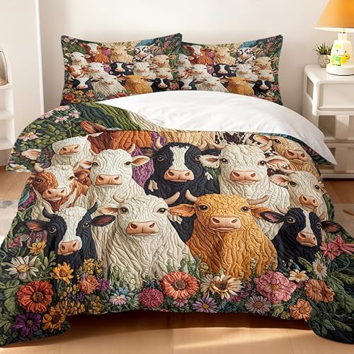 Cow Duvet Cover Twin, Farmhouse Floral Animal Design Bedding Set with 2 Pillowcases, Rustic Cottagecore Cattle Comforter Cover for Bedroom Guest Room