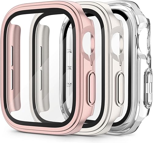 AK Paquete de 3 fundas rígidas de policarbonato con protector de pantalla de vidrio templado compatible con Apple Watch Series 8 Series 7 de 1.614