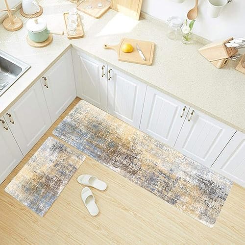 Vista 219 de TOMWISH - Tapetes de cocina para piso, color turquesa, gris, abstracto, pintura artística, 17 x 48 + 17 x 24 pulgadas, juego de alfombras de cocina