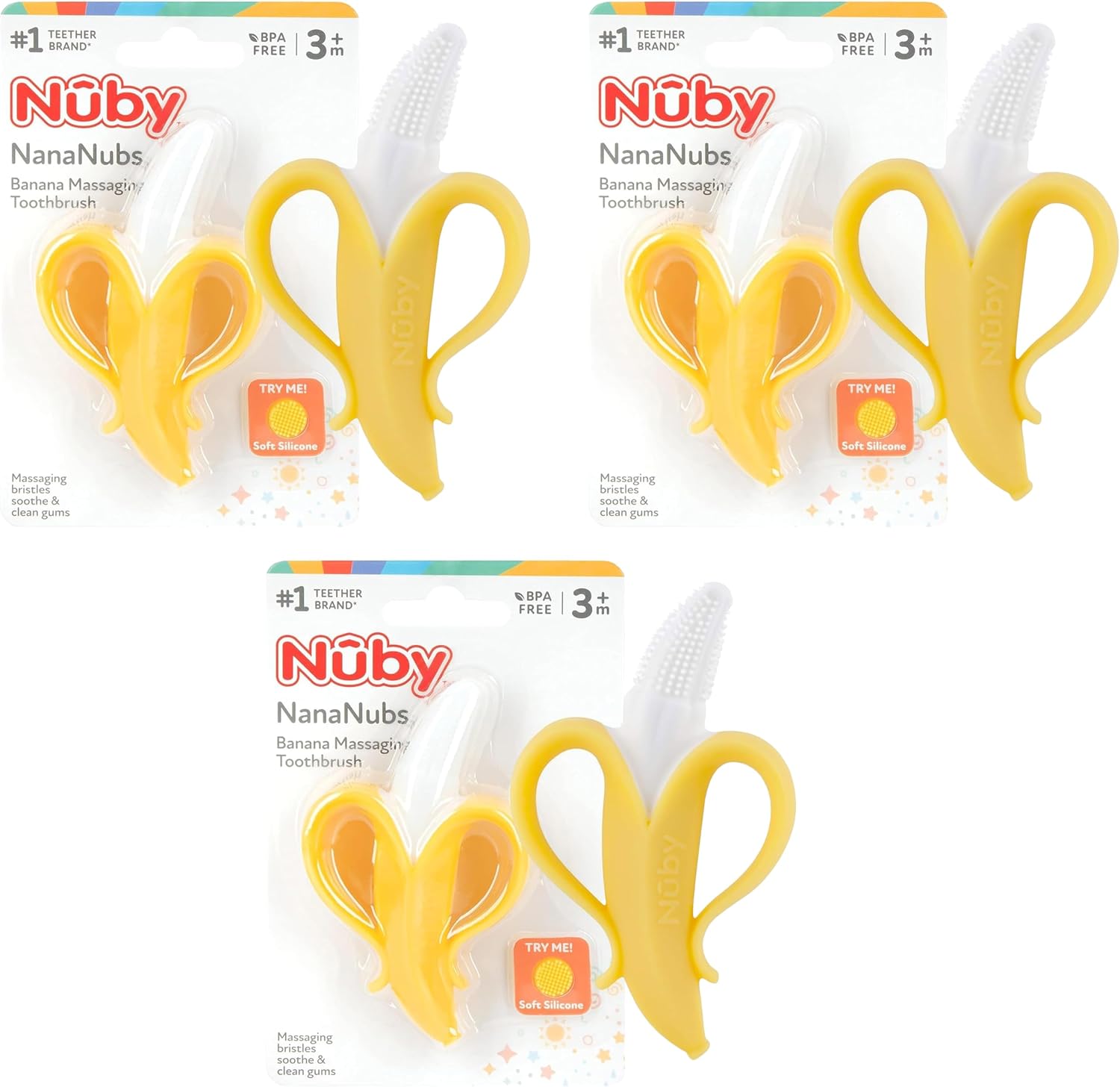 Nuby Nananubs Banana Massaging Teether – Baby Teething Toys 3 Months and Up, Silicone Teether for Sore Gums, Infant Toy, Baby Essentials, Brush, Travel Accessory, Gift for Babies (Pack of 48)