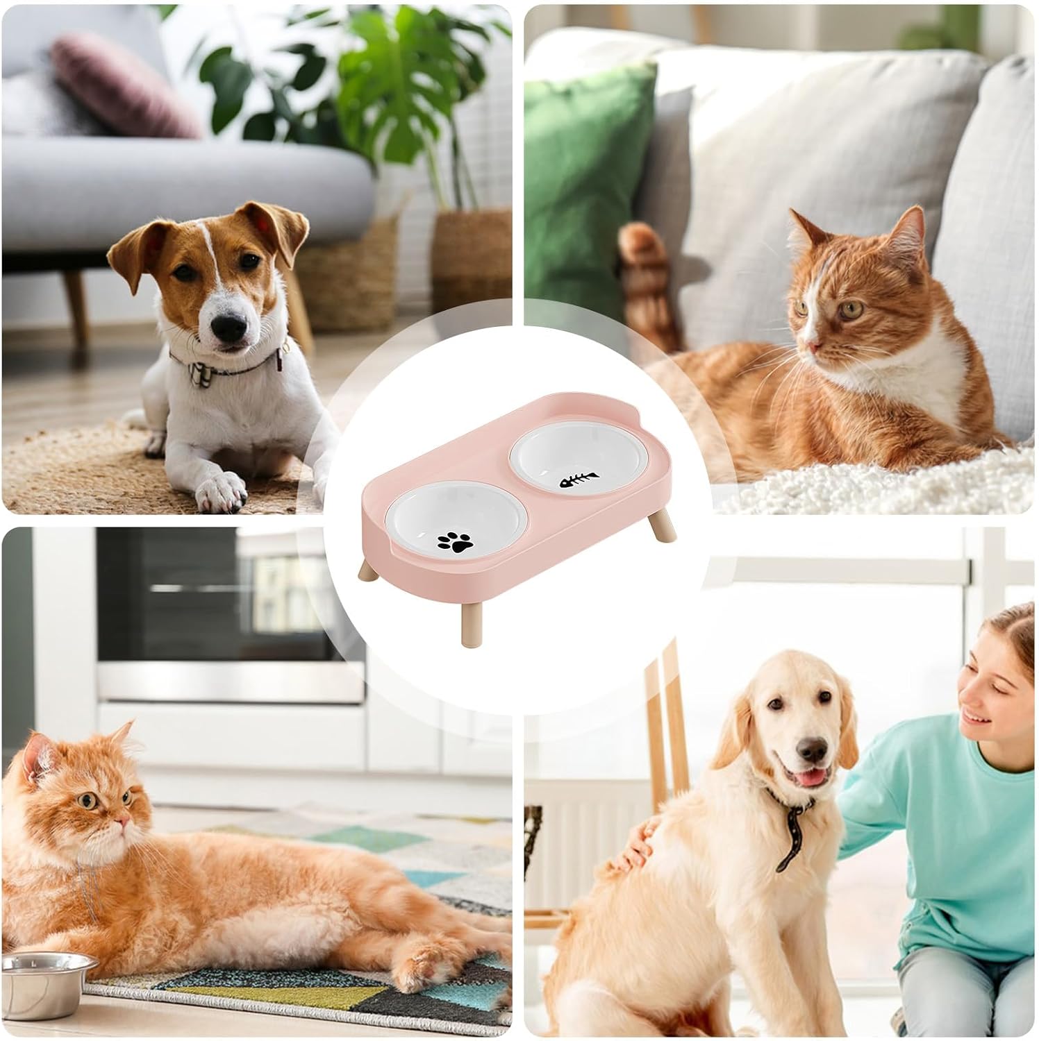 Dog Bowls Elevated, Ceramic Non-Slip Water and Food Feeder, Cat & Dog Feeding Station for Puppy, Kitten, Small and Medium Pets, Indoor, Outdoor, Home, Yard, Patio