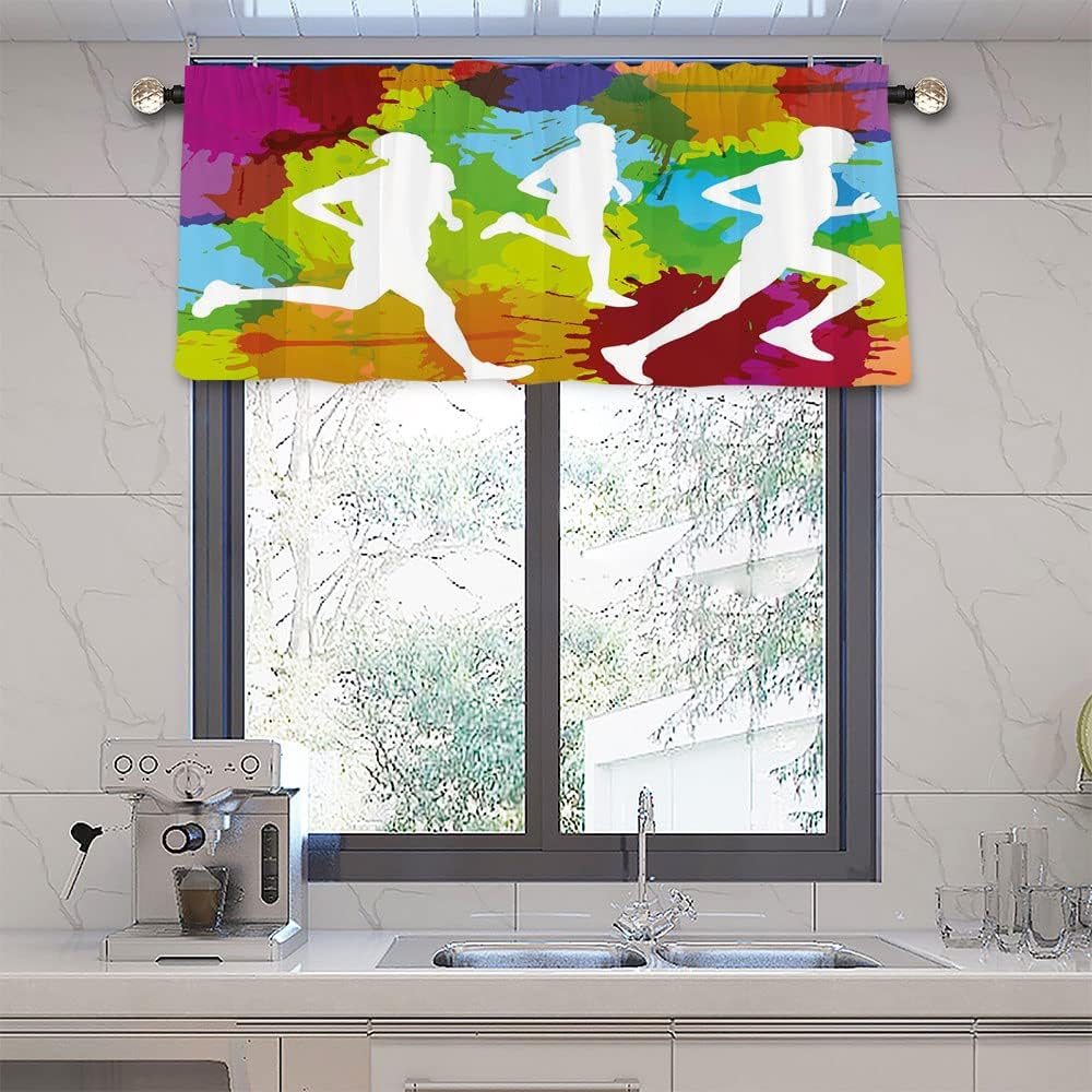 Blackout Window Curtains, Fitness Blackout Window Curtains Ombre, Watercolor Runners Jogging Outdoors Sportsman Marathon, 50"W x 18"L, For Living Room, Bedroom, Kitchen, Bathroom, Multicolor