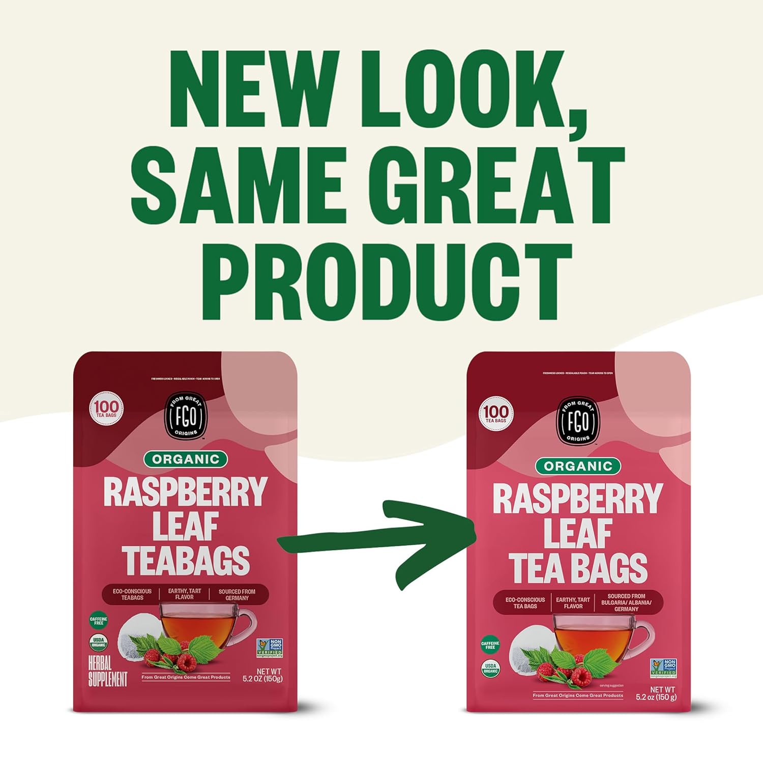 FGO Organic Red Raspberry Leaf Tea Bags, 100 Eco-Conscious Tea Bags, Caffeine Free, Imported from Germany, Reseable Bag, Packaging May Vary (Pack of 1)