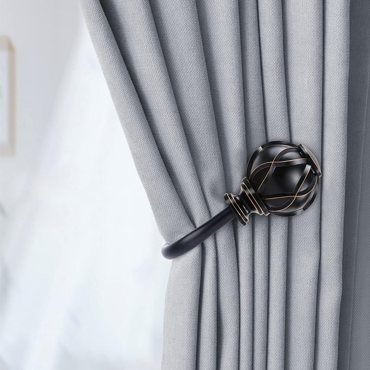 KAMANINA Bundle of 140-195" Double Curtain Rod and Matched Holdbacks 1 Pair, Netted Texture Finials, Black