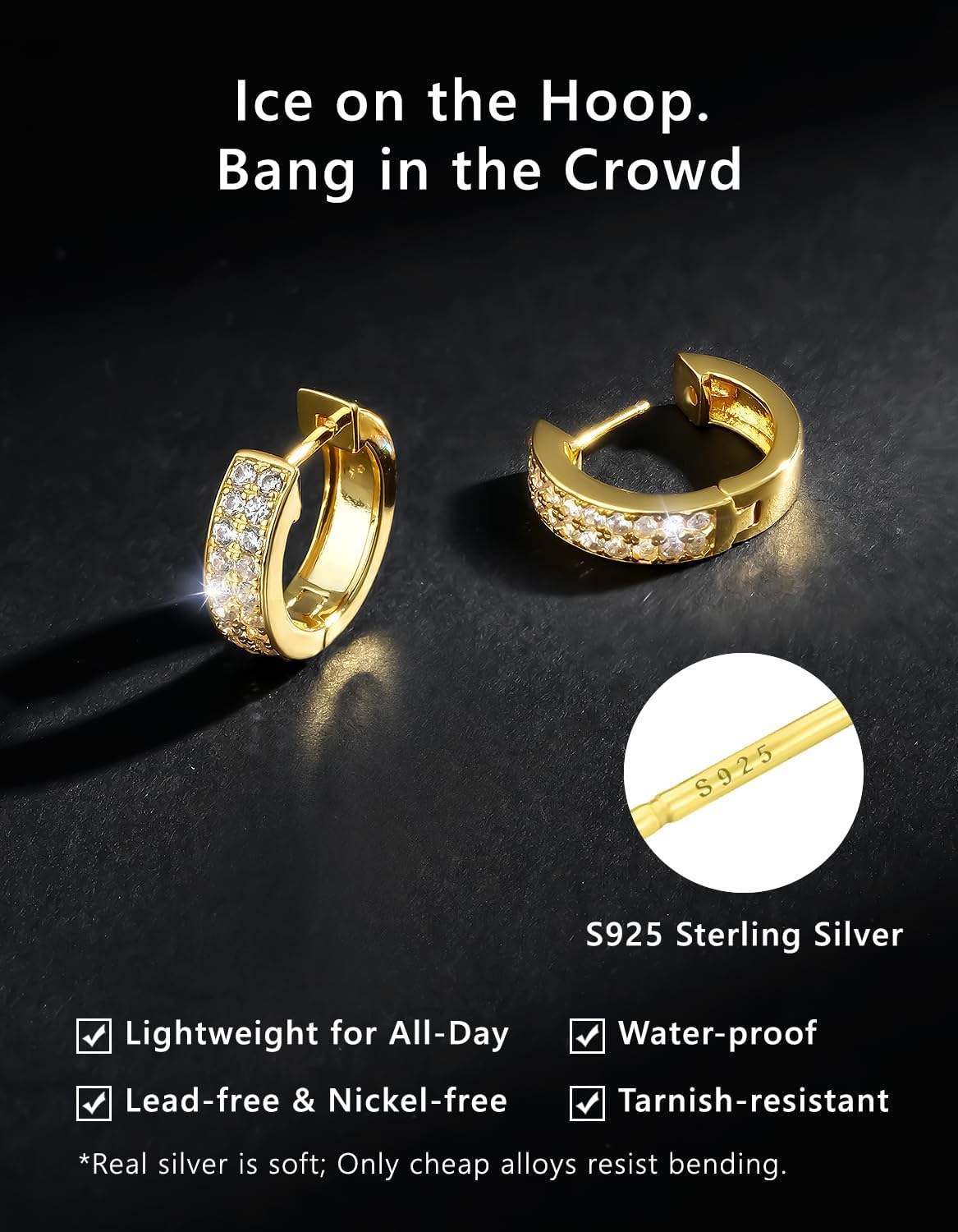 KRKC&CO Hoop Earrings Men, Cubic Zirconia Earring Small Iced Huggie