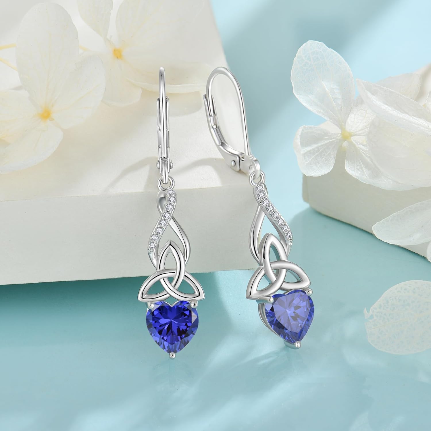 Infinity Celtic Knot Earrings for Women 925 Sterling Silver Dangle Drop Leverback Earirngs with Birthstone Irish Good Luck Jewelry Gifts for Her