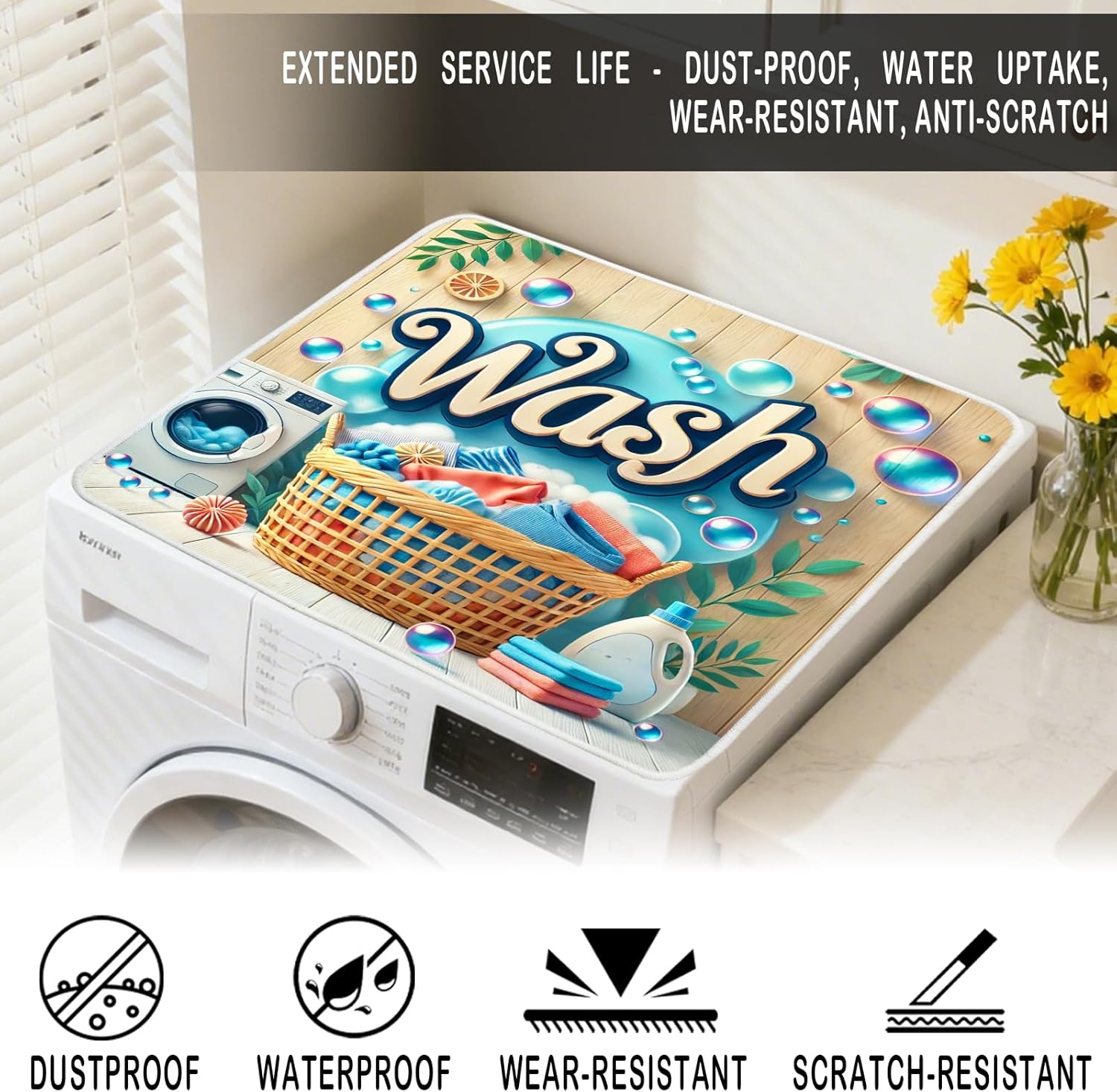 Nuxovilar Wash Blue Foam Laundry Basket Washing Machine Dryer Dust Cover Pad for the Top, 23.6 x 19.6 Inch Vintage Non-slip Washer Dryer Covers for The Top, Protector of Washer Home Decor