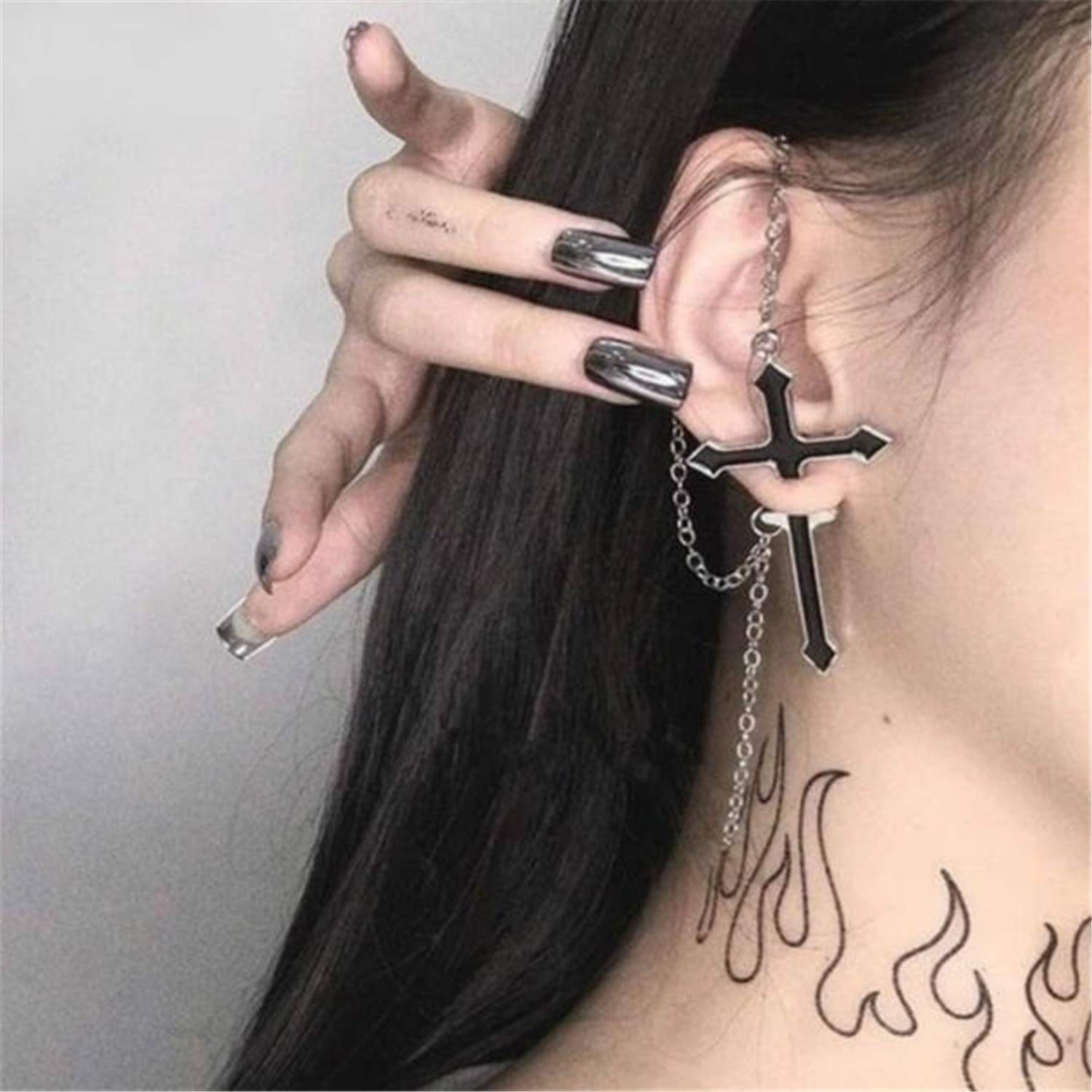 Aretes colgantes de cadena de cruz punk negra personalizados, aretes de gota de punción para mujeres y hombres, regalos de joyería, Esmalte, N/P 5