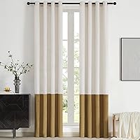 BULBUL Cream Ivory Gold Color Block Velvet Blackout Curtains 96" Grommet Top Panels Set of 2 Farmhouse Drapes Bedroom Living Room